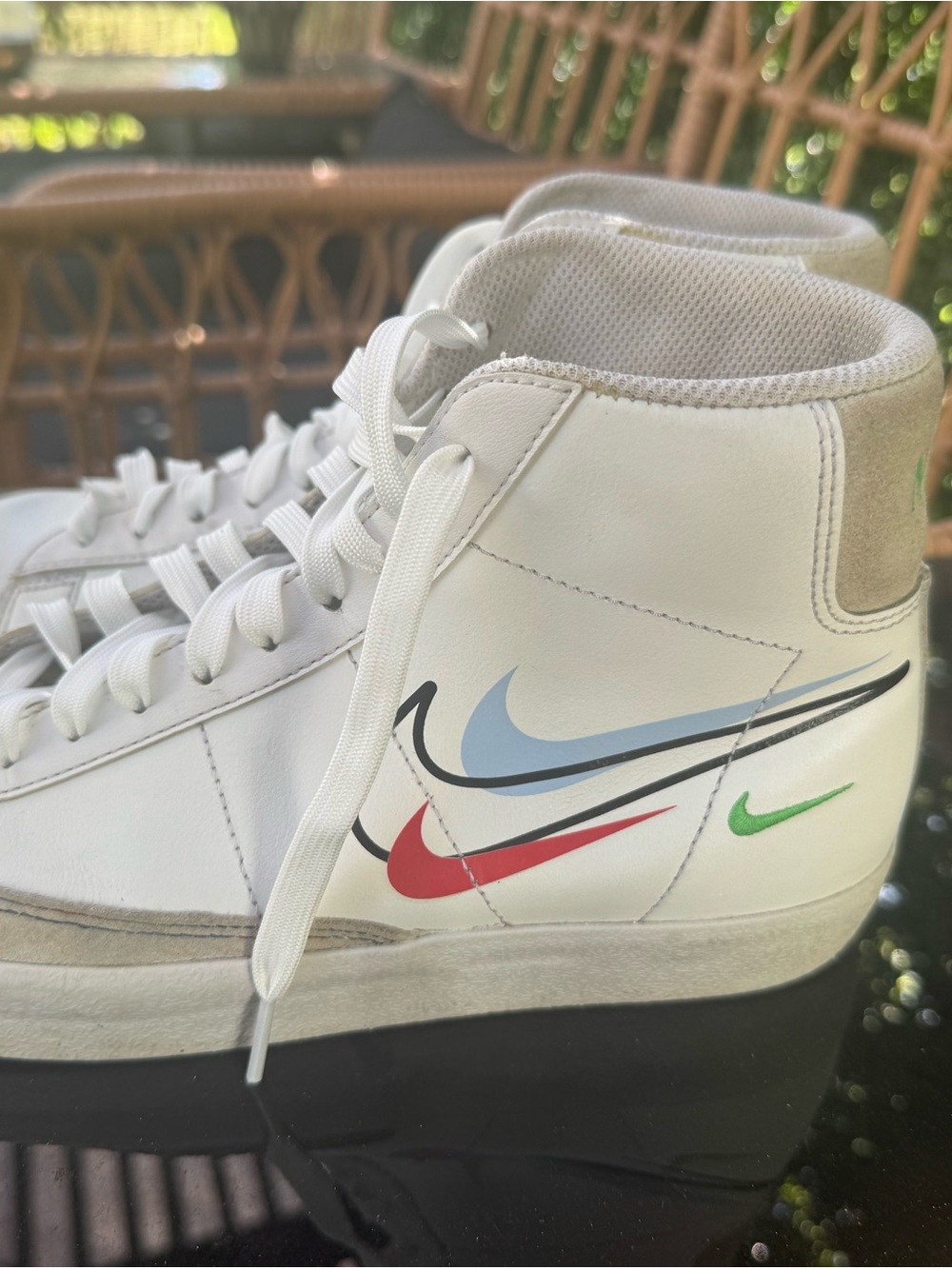Nike White High-Top Sneakers with Blue, Black, Red and Green Swooshes